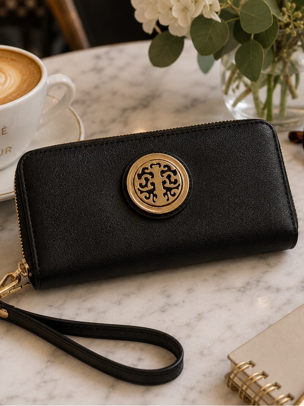 Isabelle Black Vegan Leather Double Zip Wallet Wristlet NWT Gold Tone